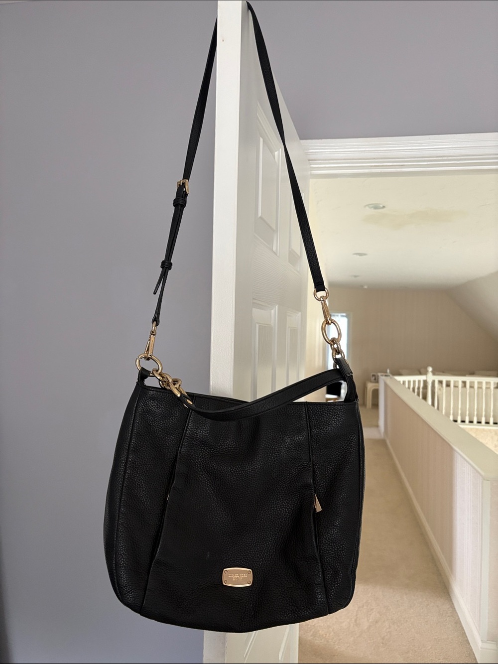 Michael Kors Black Leather Shoulder Bag with Gold Accents
